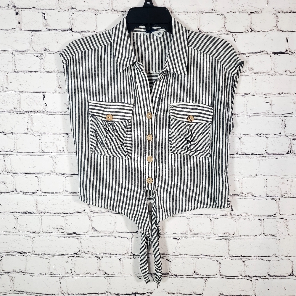 Ellor White Blue Striped Sleeveless Shirt Button Front Tie Size XS Linen Blend